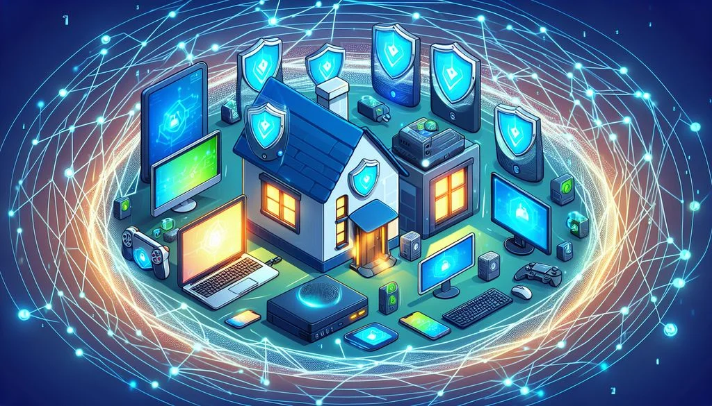 暗いネットワークメッシュ上で、輝く青いシールドと南京錠のアイコン、および接続されたデバイスに囲まれた家。暗号化された家庭ネットワークを表しています。