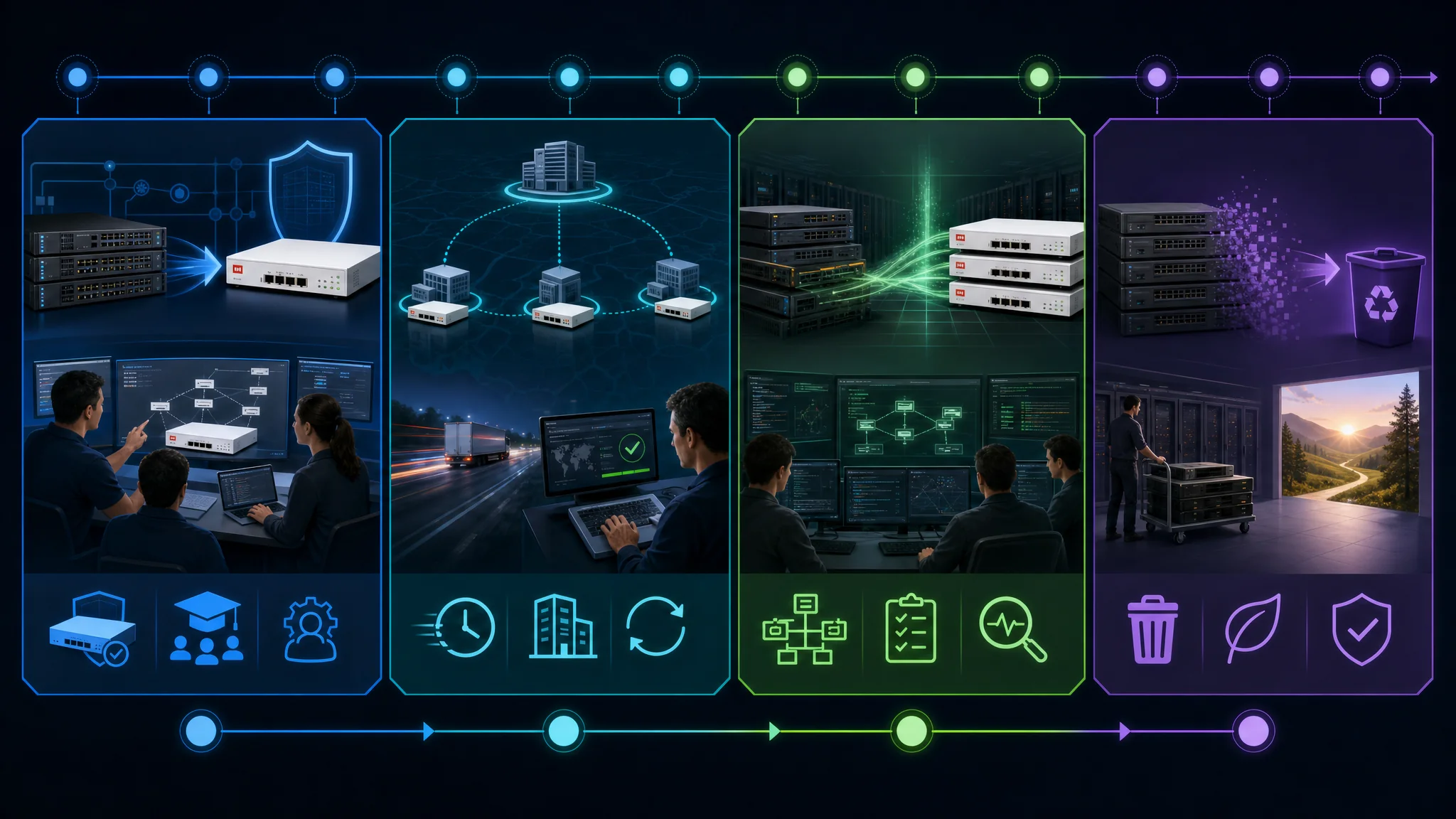 CiscoからFortinetへの12か月段階的移行タイムライン図。1～2か月目にパイロット展開、3～6か月目に支店展開、7～9か月目にデータセンター切替、10～12か月目に最終廃止を示す。