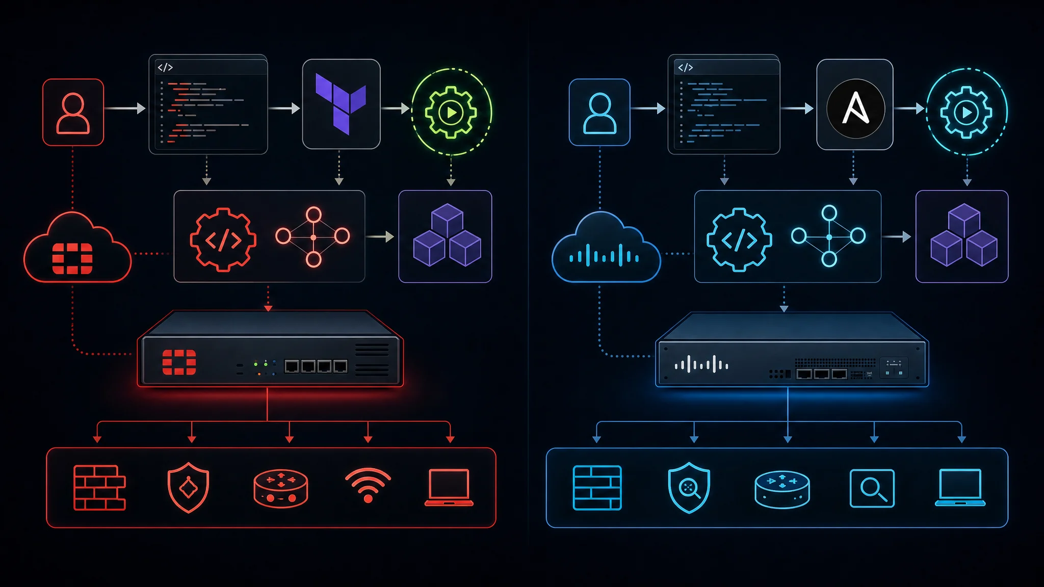 FortiGate REST APIとTerraform自動化ワークフローをCisco Firepower Management Center APIとAnsibleモジュールによるネットワークセキュリティインフラストラクチャコードと比較した図