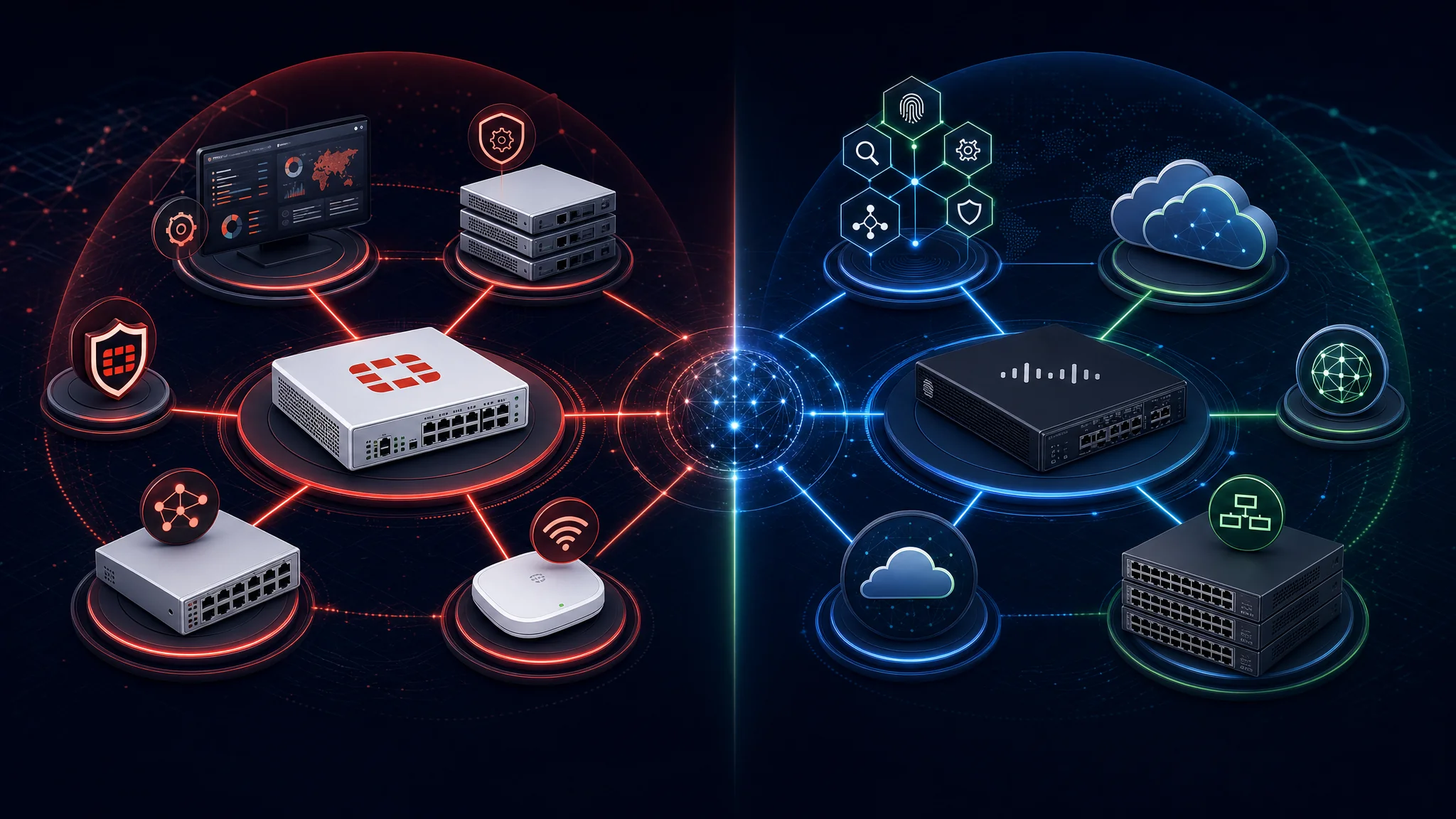 Fortinet Security Fabric製品エコシステム（FortiGate、FortiSwitch、FortiManager、FortiAP）とCisco Secureエコシステム（Firepower、Catalyst、SecureX、Umbrella）を示す比較図