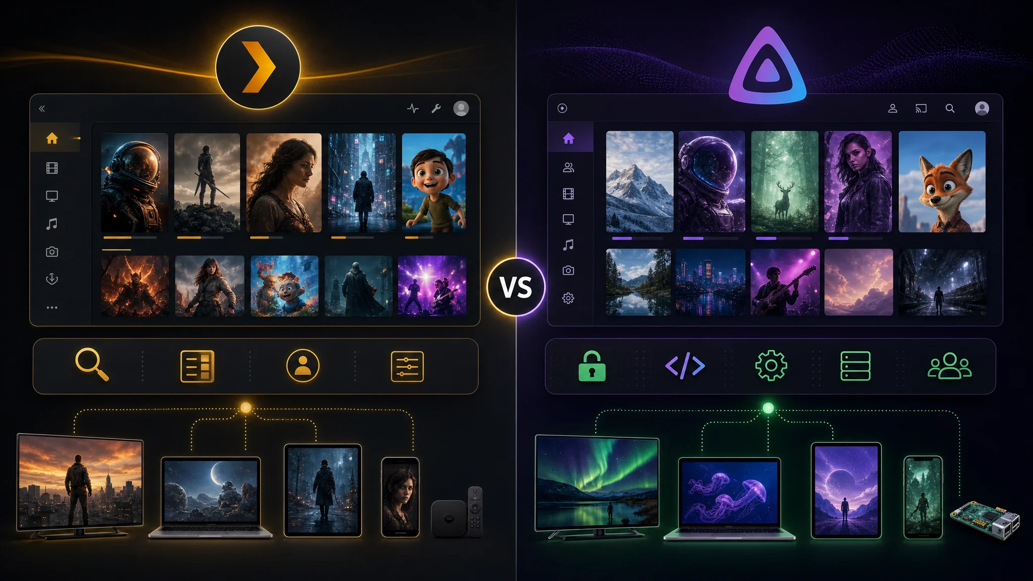 Plex メディアサーバーと Jellyfin の並列比較イラスト。メディアライブラリの整理、ストリーミング、メタデータ機能を強調。