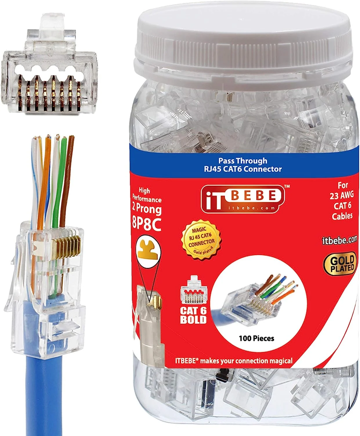 ITBEBE 50個セット金メッキエンドパススルーRJ45 Cat6