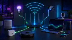 モダンな家庭ネットワーク構成のイラスト。洗練されたルーター、スマートIoTデバイス、ノートパソコンを備え、暗い背景に鮮やかな青、緑、紫のアクセントを効かせています。