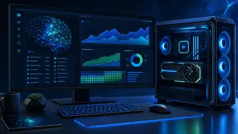 モニターに抽象的なチャートとニューラルネットワークを表示した、イラスト風のデスクトップ GPU ワークステーション