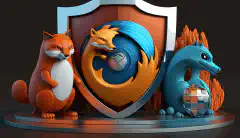 Brave、Firefox、Torの3つの漫画のようなブラウザのアイコンを、プライバシー保護を象徴する盾で囲み、その上に南京錠を置いた3Dアニメーション画像です。