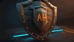 AIという文字が描かれた盾が、サイバー脅威を象徴する着信の矢印をブロックしている3Dアニメーション画像。