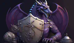 3DアニメーションのKali Linuxのドラゴンマスコットが、様々なサイバーセキュリティやハッキングツールに囲まれ、紫のドラゴンが描かれた盾の上に座っています。