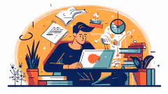 CEHのロゴを背景に、ノートパソコンと様々な本やメモを持ち、机に向かって勉強している人を漫画風に表現した画像です。