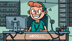 サーバーやケーブルに囲まれたデスクに座り、パソコンの画面にはAnsibleのロゴが表示され、タスクが自動化されると微笑む漫画のキャラクターが登場します。