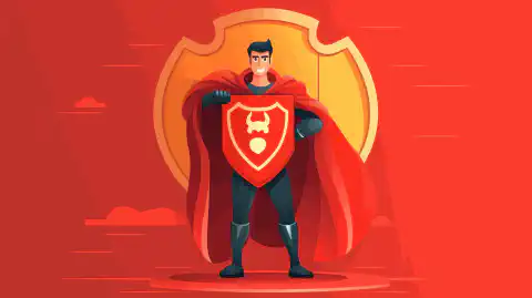 スーパーヒーローのマントを着たアニメキャラクターが、ロックマークのついた盾を持っています。