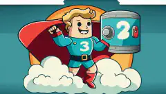 ハードディスクとクラウドを表す2つのストレージボックスの上に立ち、オフサイトストレージを表す地球儀を指差しながら、数字の3が描かれた盾を持つマントを着た漫画のキャラクターが登場します。