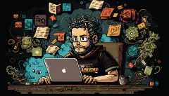 ノートパソコンを持ってデスクに座る漫画の開発者が、周囲の空中に浮かぶ様々なHTML、CSS、JavaScriptの要素に囲まれています。