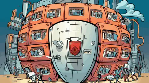 サイバー脅威からネットワークサーバーを守る盾を描いた漫画のイラスト。