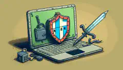 サイバーセキュリティを表す盾と剣を背景に、ロックがかかったノートPCを描いた漫画イラスト。