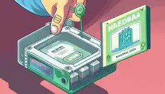 Nebra Helium Minerを持つ人の漫画イラスト。パネルが開いてSDカードスロットが見え、ガイドのステップがガイドブックとしてデバイスの上に浮かび上がっている。