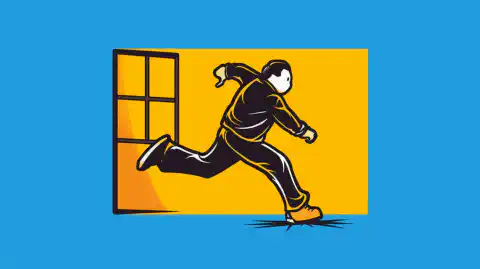 WindowsのロゴからLinuxのロゴにシームレスに移行するステップを踏んでいる人の漫画イラスト