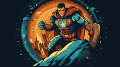 ハッカーやサイバー脅威からデジタル世界を守る盾を持ったスーパーヒーローの漫画イラストです。