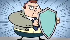 サイバーセキュリティ保険と書かれた盾を持ち、サイバー脅威を遮断する企業経営者の漫画画像です。