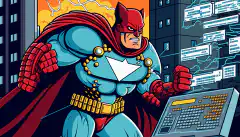 サイバー脅威から街を守るサイバーセキュリティのスーパーヒーローの漫画画像。