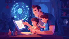 親子が一緒にパソコンを使っている漫画のイメージで、子供は虫眼鏡を持ち、親は画面を指差しています。