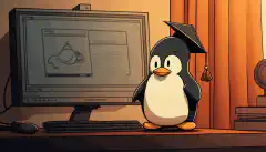 卒業帽子をかぶったペンギンが卒業証書を持ち、Linuxのデスクトップ環境を背景にパソコンの前に立っている漫画画像です。