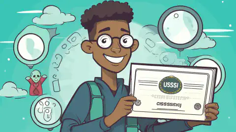 CISSPの証明書を持つ人の漫画画像で、セキュリティアーキテクチャ、アクセスコントロール、暗号化、ネットワークセキュリティなど、さまざまな情報セキュリティのトピックを示す思考バブルが描かれています。