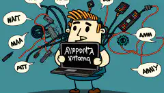 CompTIA A+の略語やトラブルシューティングの手順が吹き出しで表示され、様々なハードウェア部品やネットワークケーブルに囲まれながらノートパソコンを持つ人の漫画画像。