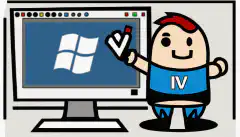 Windowsのロゴとチェックマークが描かれたUSBメモリを持った人が、Windowsのロゴが描かれたパソコンの画面の前に立っている漫画のイメージです。