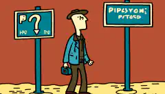 十字路に立つ人の漫画画像で、IPv4とIPv6の方向を示す道標があり、2つのプロトコル間の選択と移行を表現しています。