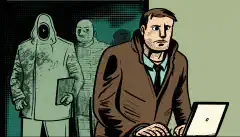 パソコンやスマホの前に立って心配そうな表情を浮かべる人と、その背後に潜む漫画のハッカーが描かれた画像。