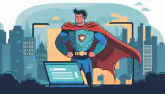 スーパーヒーローのマントを着て、盾を持つウェブ開発者の漫画画像です。盾は、画面にWebアプリケーションのインターフェイスが表示されているノートパソコンを守っています。