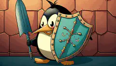 Linuxと書かれた盾を持つ漫画のロックが、矢を盾に跳ね返される。