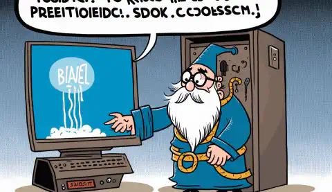 フリーズしたコンピューターを修復するための呪文を唱えるウィザードの漫画。「問題が解決しました」という吹き出しが表示されます。