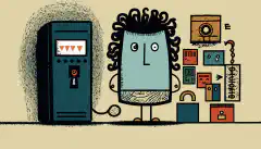 コンピュータの前に立つ漫画の人物の頭上には錠前のマークがあり、周囲には鍵、電話、指紋などさまざまな種類の認証要素が浮かんでいます