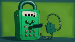 背景に DTMF トーンが描かれた、セキュリティと暗号化を象徴する緑色の画面と南京錠が付いた漫画の電話