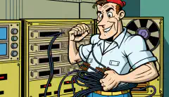 ファイバーケーブルを背景に、COTS ONTを手にする漫画の技術者。