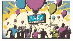 LoRaWAN ゲートウェイと MiddleMan または Chirp スタック パケット マルチプレクサの画像を背景に、ヘリウム風船を悪用する個人のグループを漫画風に描いたもの。