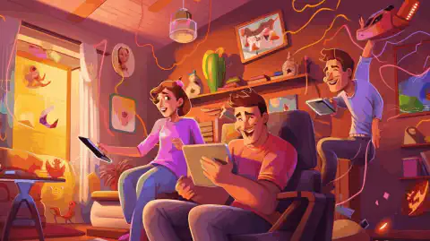 T-モバイル・ホーム・インターネットに接続されたさまざまな機器に囲まれた、家庭での幸せな家族を描いたカラフルな漫画のイラスト。