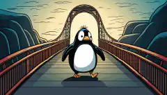 成功する未来に向かって、自信満々に橋を渡っていく親しみやすい漫画のLinuxペンギンです。