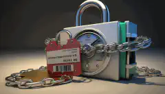 クレジットスコアレポートにチェーンが巻かれた錠前は、個人情報の盗難や詐欺からクレジットを凍結することで得られる保護とセキュリティを象徴している