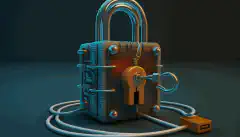 ネットワークケーブルの上に立つ南京錠と鍵は、Zero Trust Securityを象徴的に表現しています。