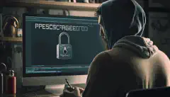 保護されています」というメッセージが表示されたコンピューター画面の前で、南京錠を持っている人