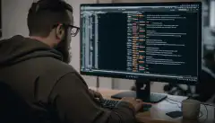 コンピュータの前に座り、画面にスクロールするテキストの行を見ながら、コマンドラインインターフェイスにコードを打ち込んでいる人のこと。