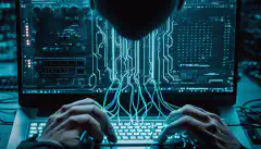 コンピューターサーバーやネットワークケーブルを背景にキーボードを打つ人が、サイバーセキュリティの運用やコンプライアンスにPowerShellを活用する様子を表現しています。