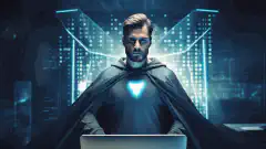 スーパーヒーローのマントを着たプロフェッショナルが、サイバーセキュリティを表すシールドを持つコンピュータ画面の前に立っている。
