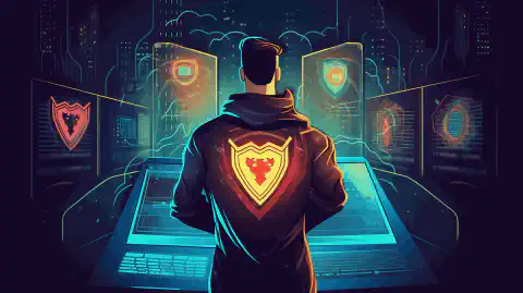 サイバーセキュリティを表す盾を持ったスーパーヒーローのマントを着たプロフェッショナルが、コンピュータネットワークの前に自信満々に立っています。