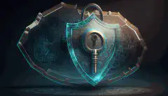錠前と鍵がついた盾はサイバーセキュリティを象徴し、その上の虫眼鏡はリスクマネジメントを表しています。