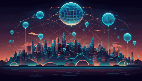 さまざまな IoT デバイスがネットワークに接続され、光の網として表現された都市景観の様式化されたイラスト。Helium ロゴが目立つように表示されます。