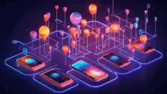 Helium Mobile ブランドを使用して相互接続されたデバイスのネットワークを示す鮮やかなイラストは、モバイル接続への革新的で分散型のアプローチを象徴しています。