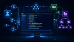 カラフルなコマンドレットが表示されたPowerShellコンソールのコンピュータ画面のイラスト。ユーザーアカウントやグループを抽象的に表現したものに囲まれ、暗い背景に配置されています。